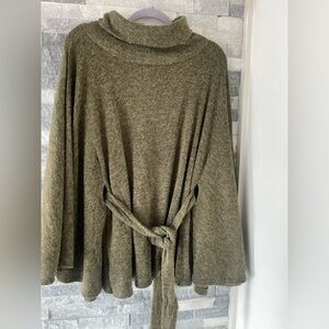 Women LOVE IN belted olive green turtleneck poncho top-Soft knit material-Small